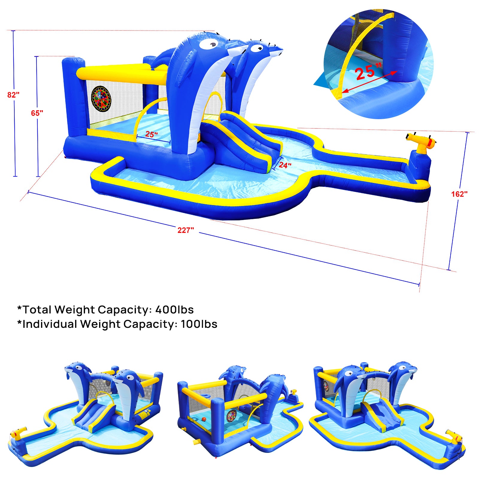 6 In1 Inflatable Slide Water Park Trampoline Bouncing House Outdoor Garden With Dolphin Sprinkler & Target Games & Water& Basketball Multicolor Oxford Fabric