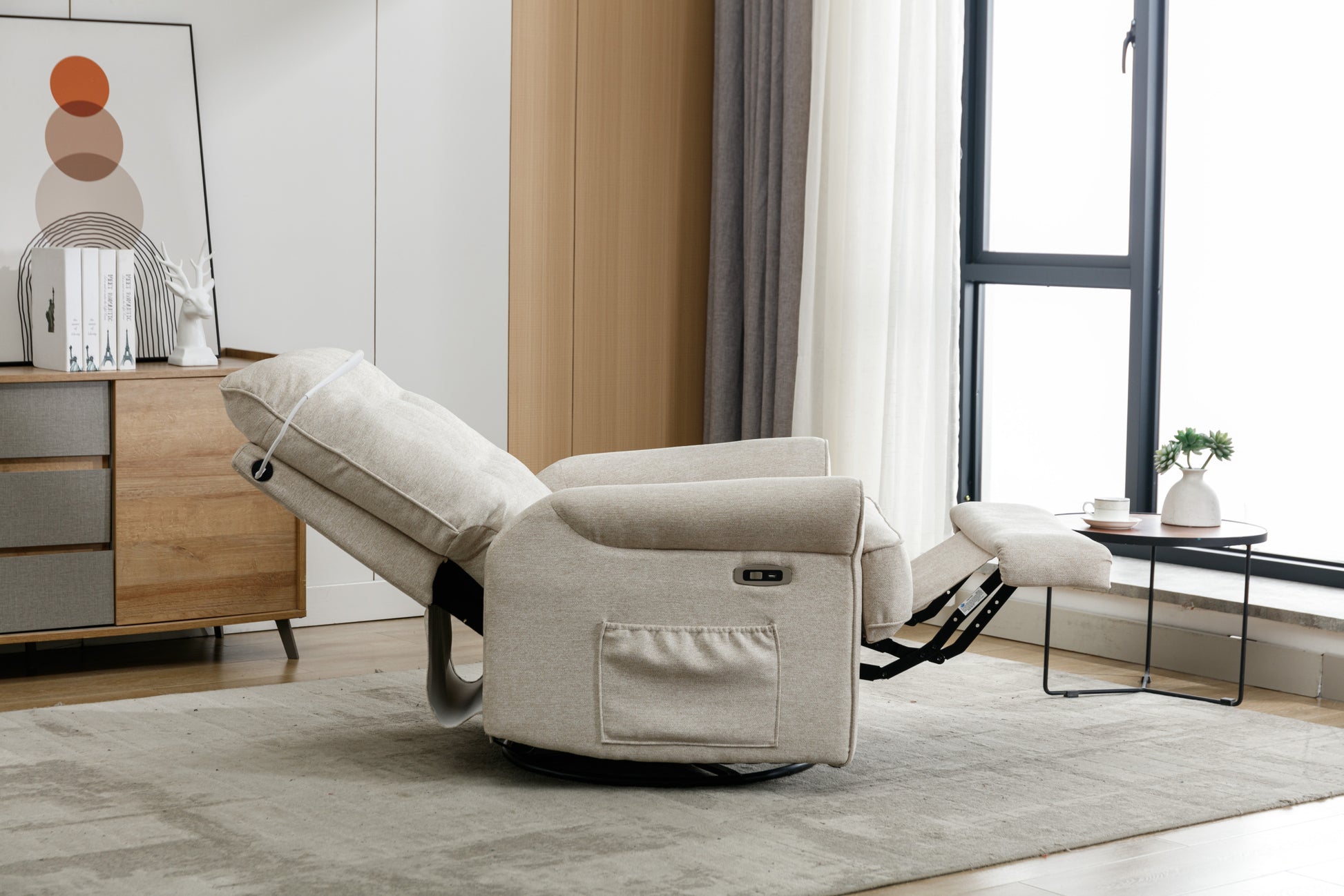 Reclining Chair 270 Degree Swivel Recliner Chairs With Usb Port, Side Pocket And Touch Sensitive Lamp For Living Room, Bedroom, Cream Cream Linen