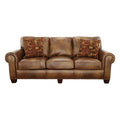 Rustic Styled Leather Sofa Premium Construction, Top Grain Leather Eight Way Hand Tied Springs, Nail Head Trim, Contrasting Pillows Tan Foam Leather 3 Seat