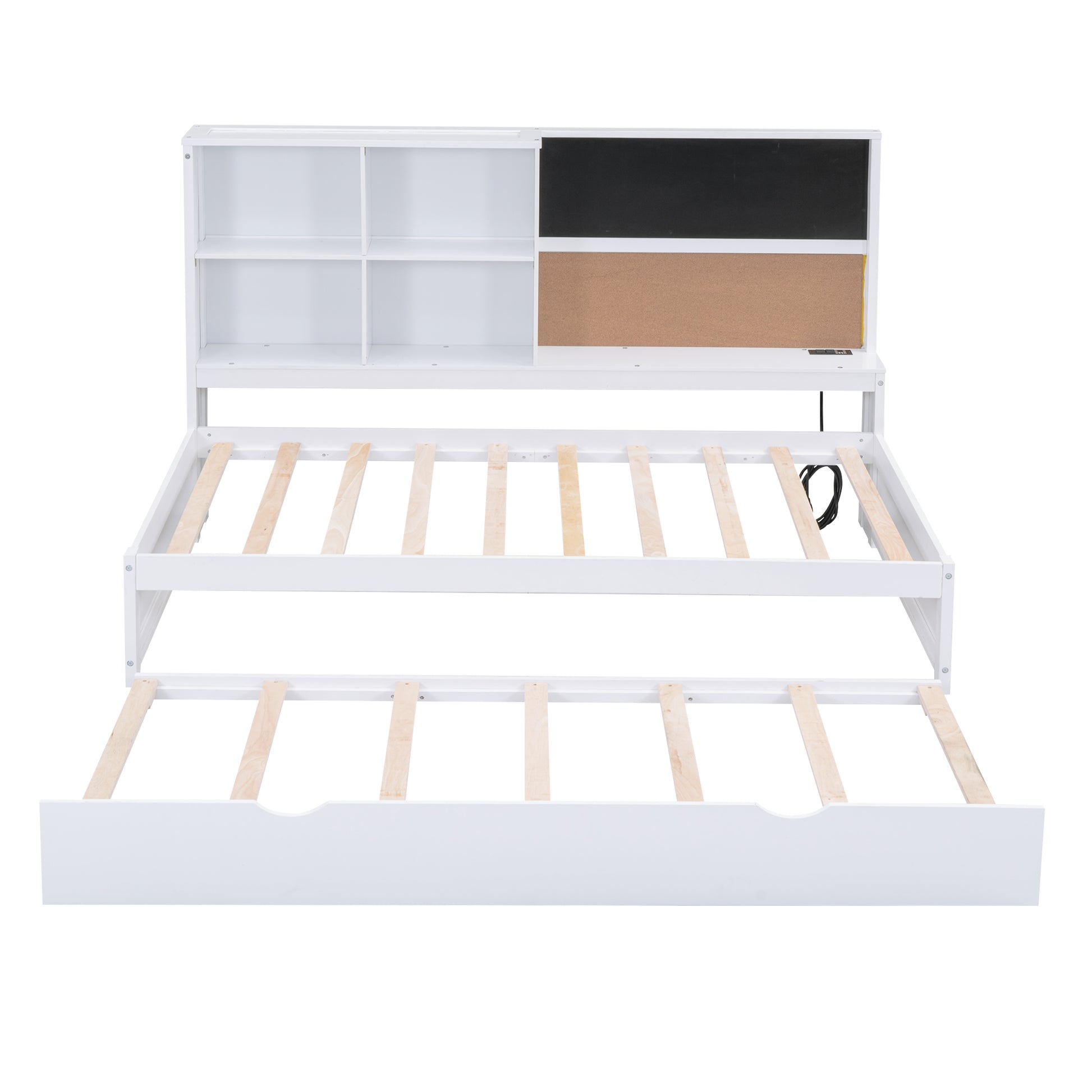 Twin Size Daybed With Storage Shelves, Blackboard, Cork Board, Usb Ports And Twin Size Trundle, White Box Spring Not Required Twin White Wood Pine Daybeds Solid Wood Mdf