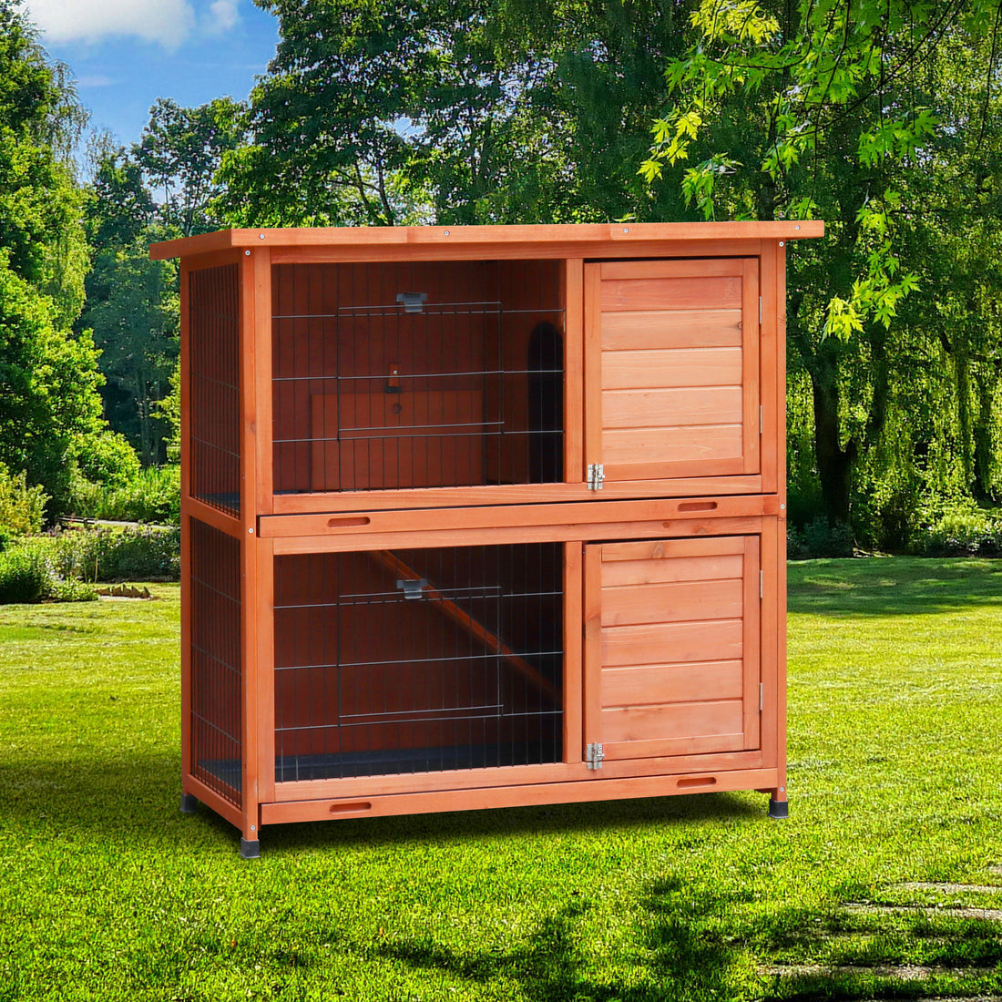 Rabbit Hutch Outdoor, 2 Story Rabbit Cage Indoor With Run, Bunny Cage With 2 Removable No Leak Trays, Pet Cages With Non Slip Ramp, Waterproof Roof, Fence, For Small Animals Natural Pet Pen American