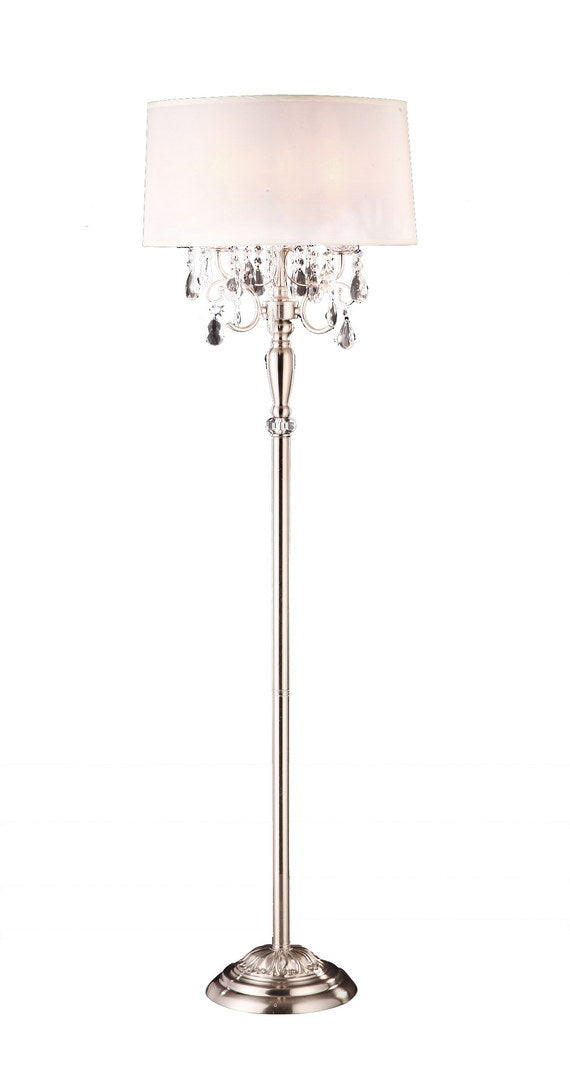 62" Tall Metal Floor Lamp W Silver Finish And Crystal Accents, White Shade Silver Metal
