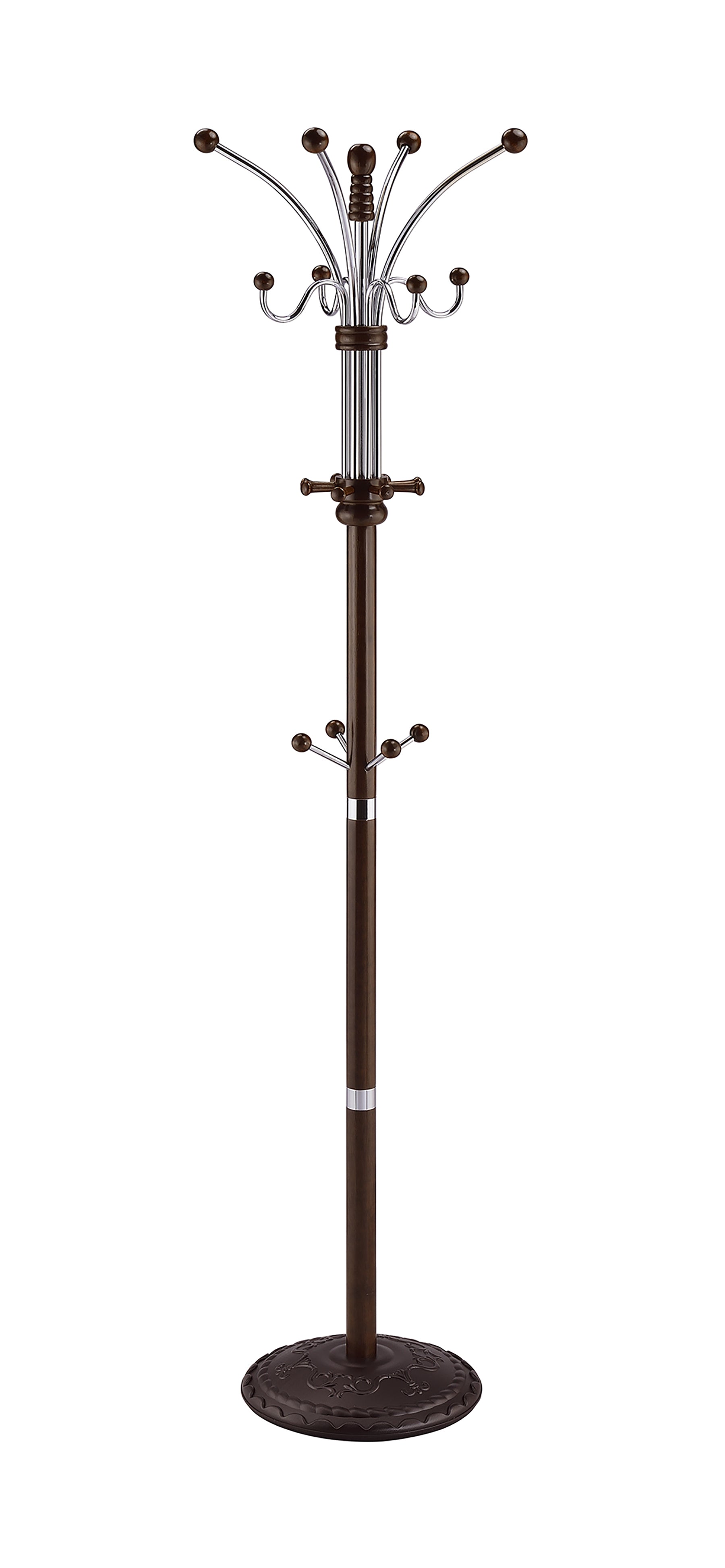 73" Tall Chrome And Wood Coat Rack, Espresso Finish Multicolor Wood