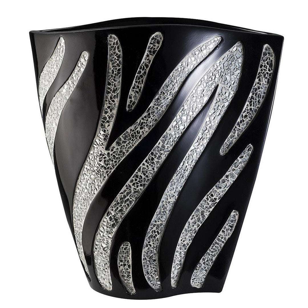 14" Tall Polyresin Decorative Vase, Black Finish With Silver Zebra Pattern Multicolor Polyresin