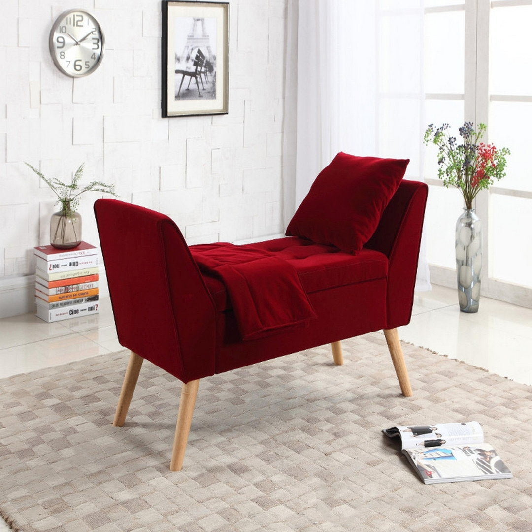 35" Tall Mid Century Design Storage Bench With Additional Pillow And Blanket, Red Red Wood