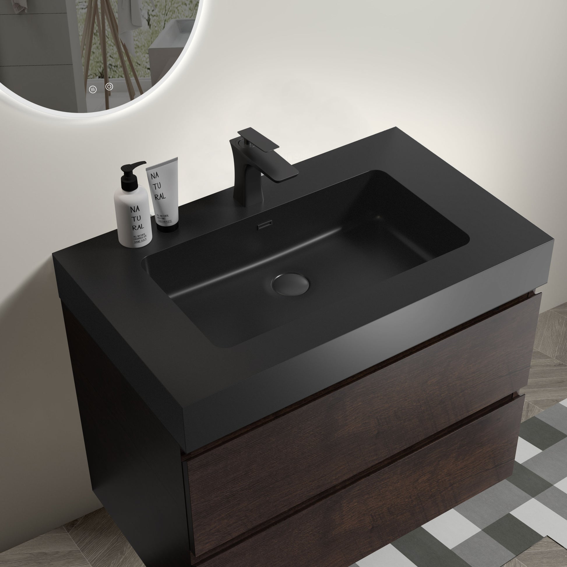 Alice 30" Walnut Bathroom Vanity With Sink, Large Storage Wall Mounted Floating Bathroom Vanity For Modern Bathroom, One Piece Black Sink Basin Without Drain And Faucet, Pre Assembled Walnut Black Melamine