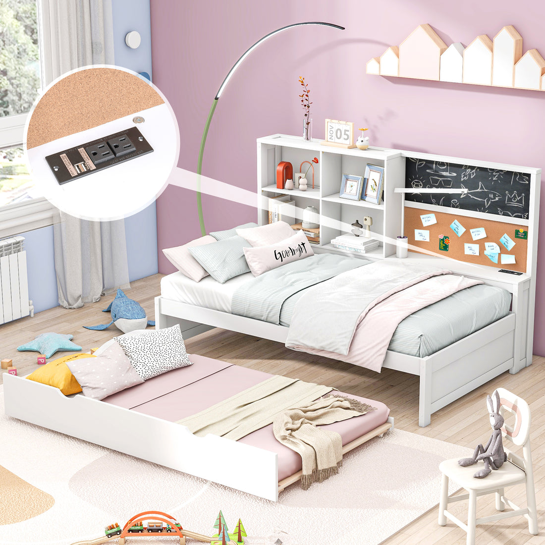 Twin Size Daybed With Storage Shelves, Blackboard, Cork Board, Usb Ports And Twin Size Trundle, White Box Spring Not Required Twin White Wood Pine Daybeds Solid Wood Mdf