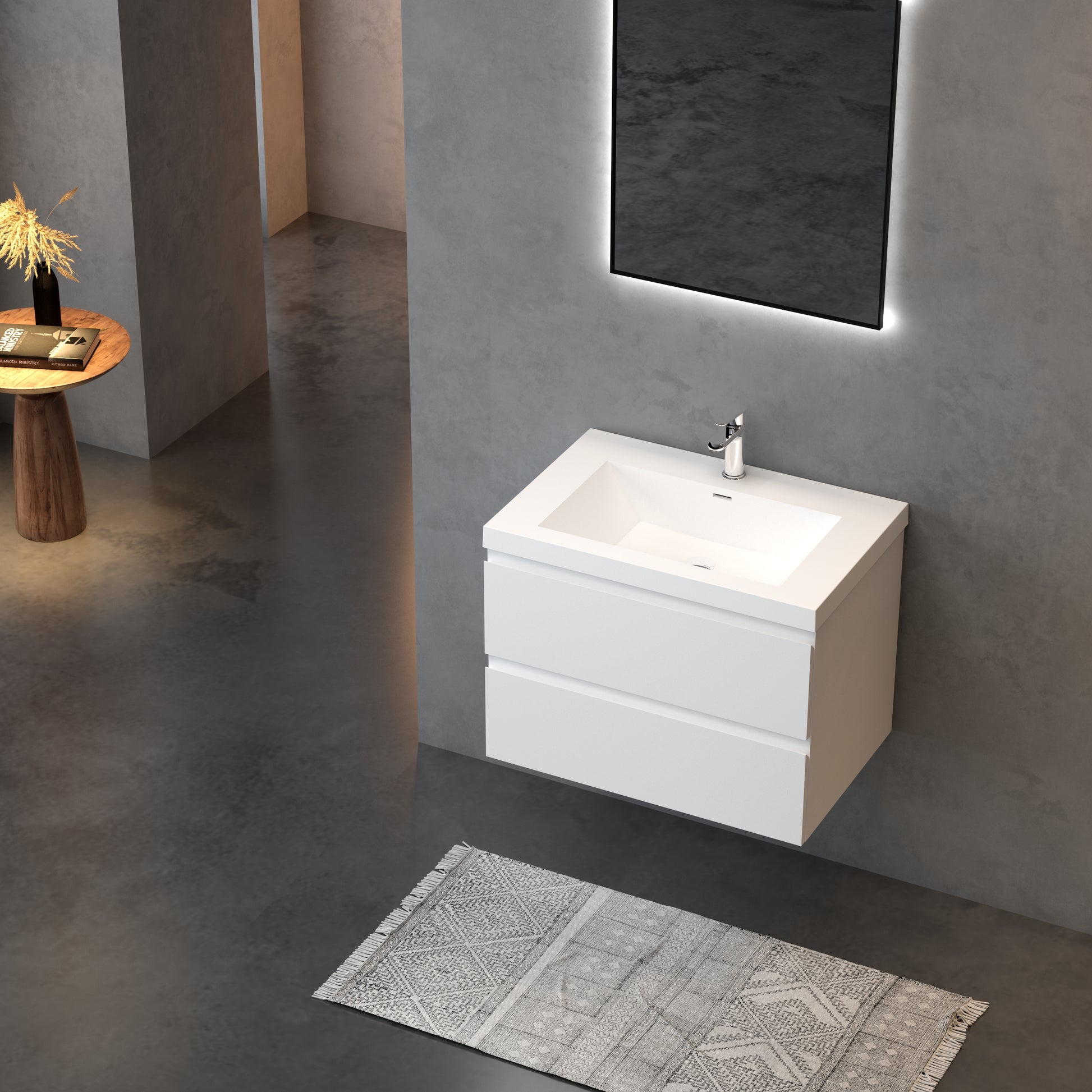 29'' Wall Mounted Single Bathroom Vanity In Gloss White With White Solid Surface Vanity Top Gloss White Melamine