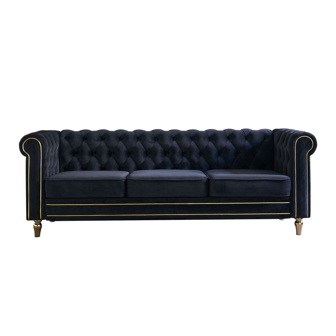 Chesterfield Velvet Sofa 84.65 Inch For Living Room Black Color Black Velvet Wood Tufted Back Mid Century Modern Rolled Arms Foam Velvet 3 Seat
