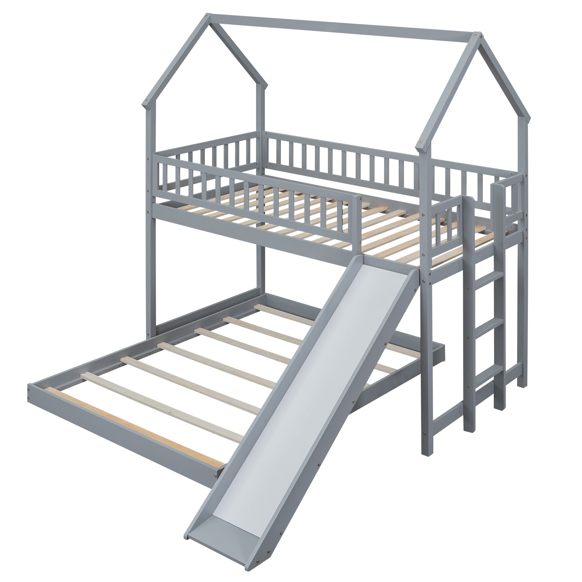 Twin Over Full House Bunk Bed With Slide And Built In Ladder, Full Length Guardrail, Gray Gray Pine