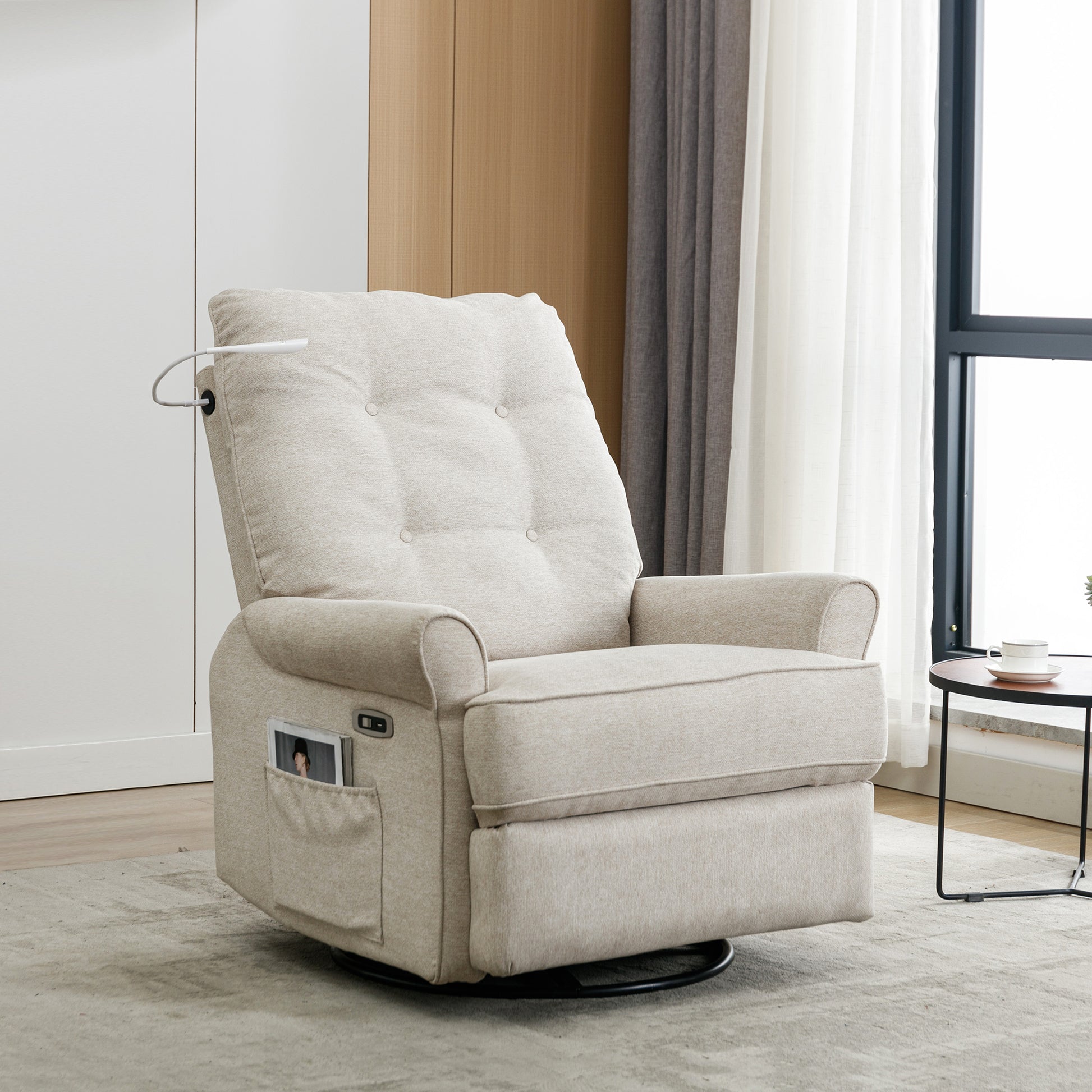 Reclining Chair 270 Degree Swivel Recliner Chairs With Usb Port, Side Pocket And Touch Sensitive Lamp For Living Room, Bedroom, Cream Cream Linen