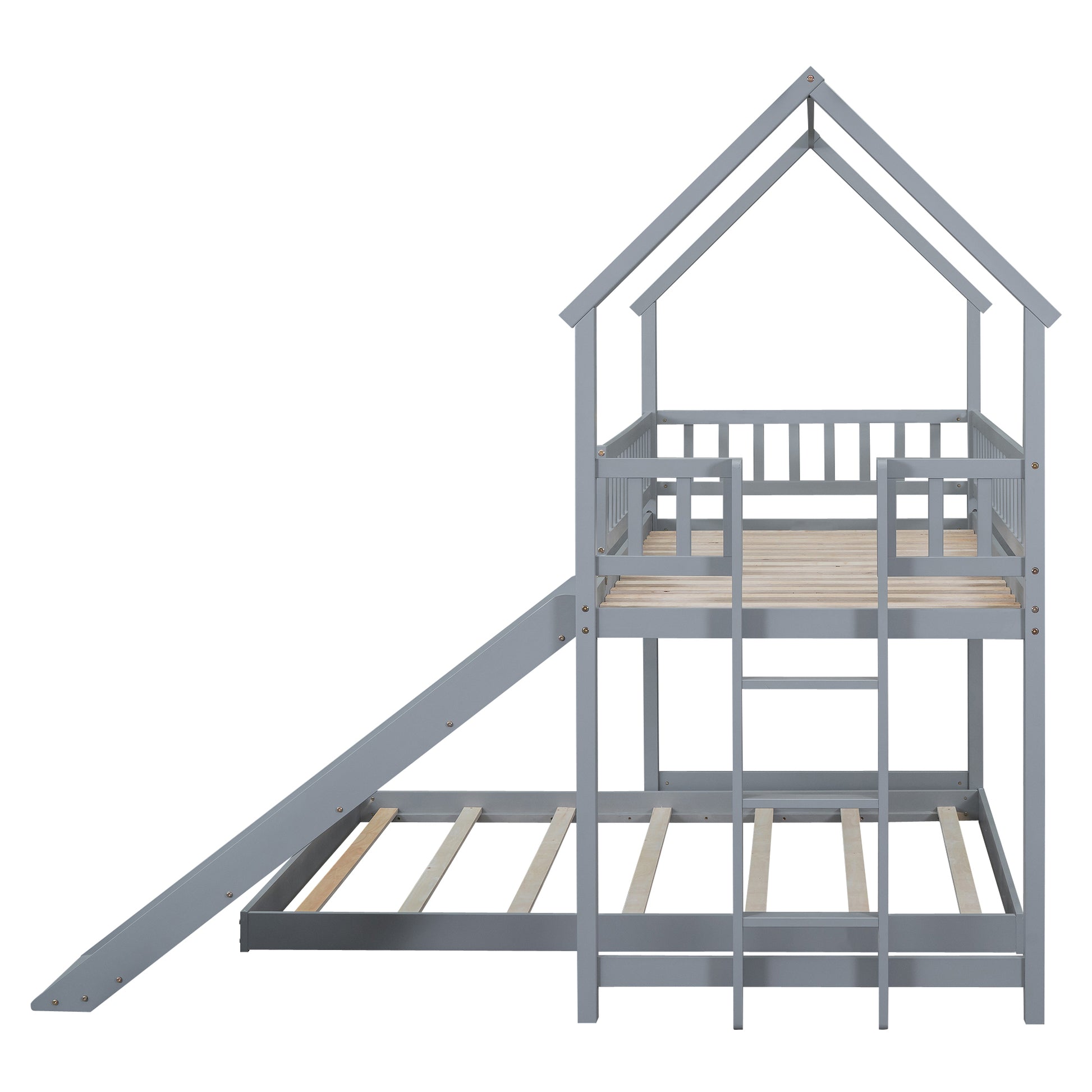 Twin Over Full House Bunk Bed With Slide And Built In Ladder, Full Length Guardrail, Gray Gray Pine