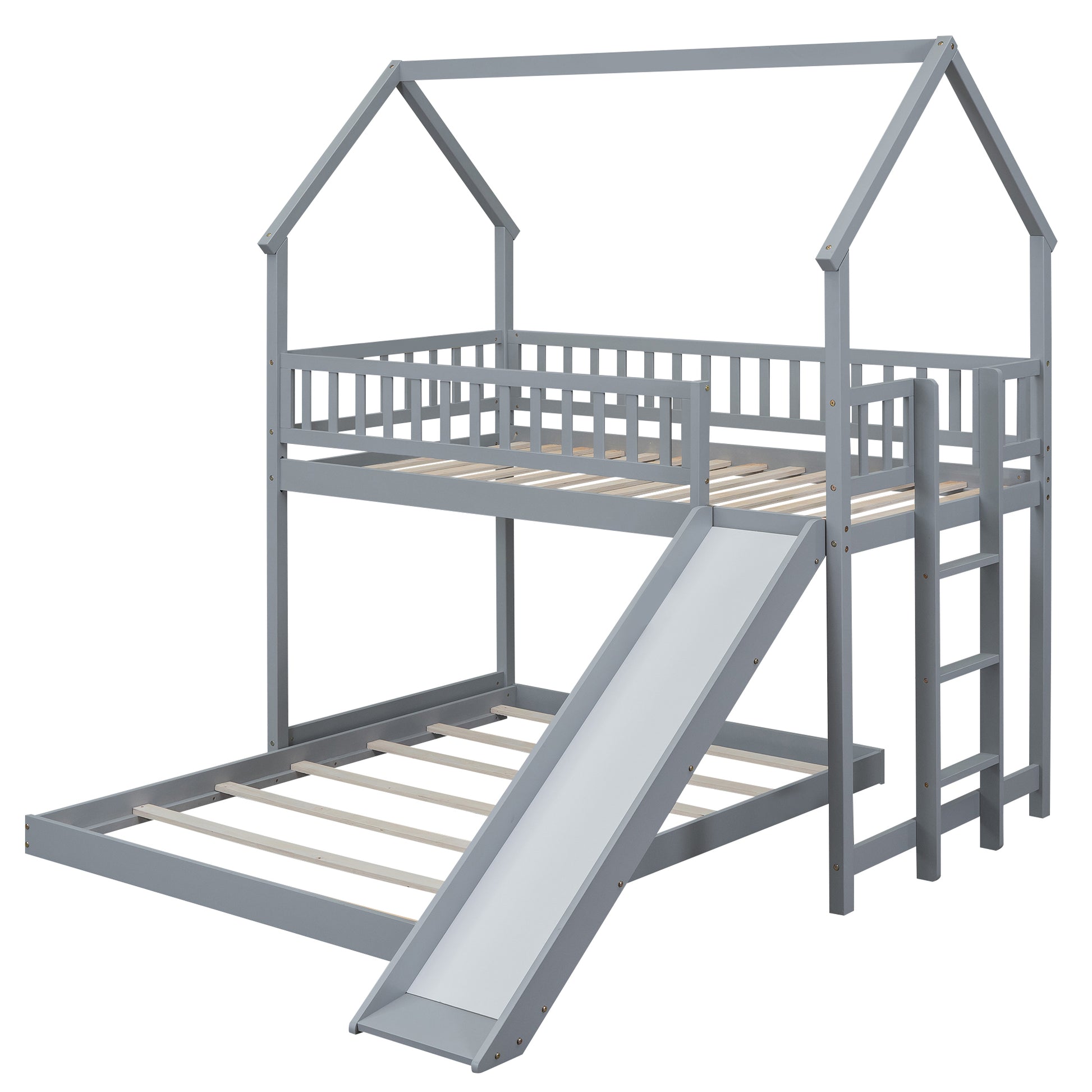 Twin Over Full House Bunk Bed With Slide And Built In Ladder, Full Length Guardrail, Gray Gray Pine