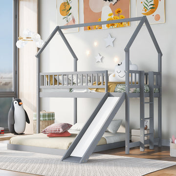 Twin Over Full House Bunk Bed With Slide And Built In Ladder, Full Length Guardrail, Gray Gray Pine