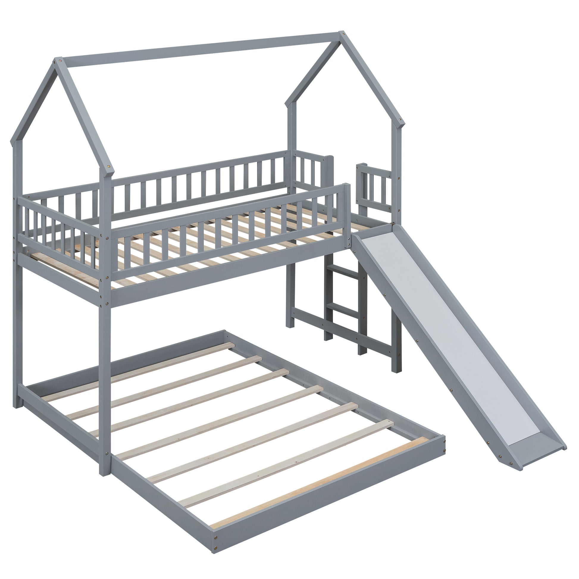 Twin Over Full House Bunk Bed With Slide And Built In Ladder, Full Length Guardrail, Gray Gray Pine