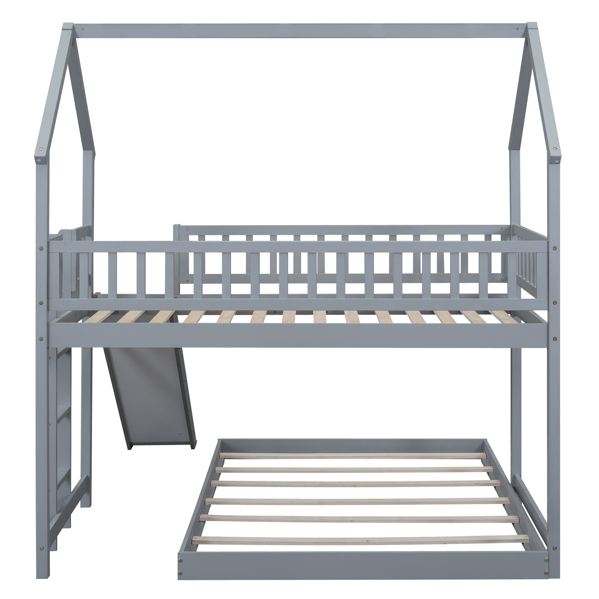 Twin Over Full House Bunk Bed With Slide And Built In Ladder, Full Length Guardrail, Gray Gray Pine