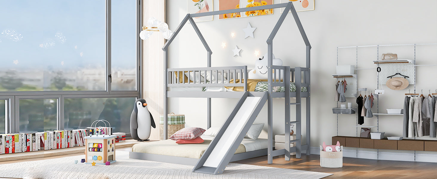 Twin Over Full House Bunk Bed With Slide And Built In Ladder, Full Length Guardrail, Gray Gray Pine