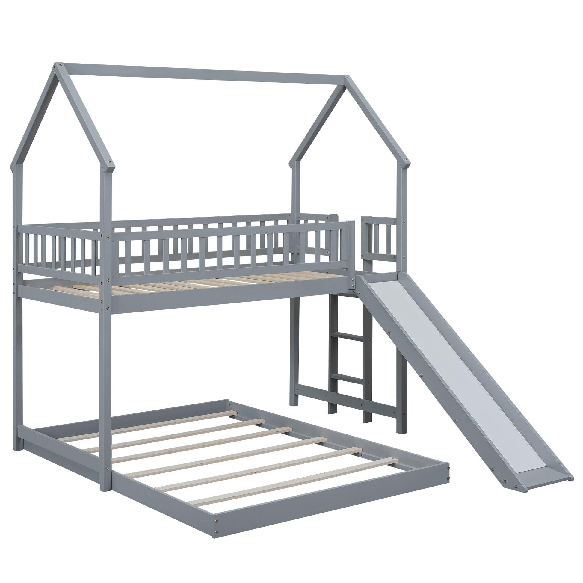 Twin Over Full House Bunk Bed With Slide And Built In Ladder, Full Length Guardrail, Gray Gray Pine