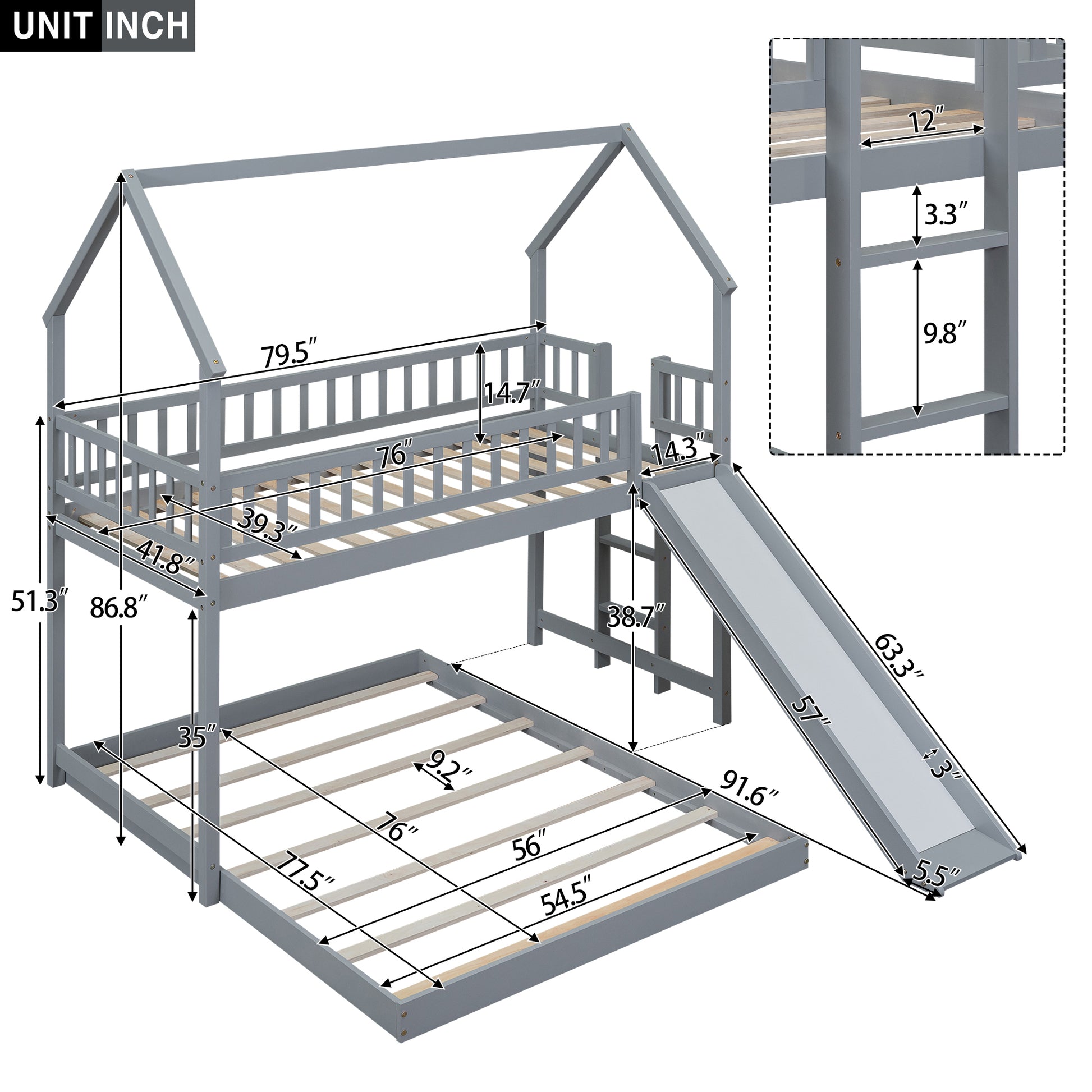 Twin Over Full House Bunk Bed With Slide And Built In Ladder, Full Length Guardrail, Gray Gray Pine