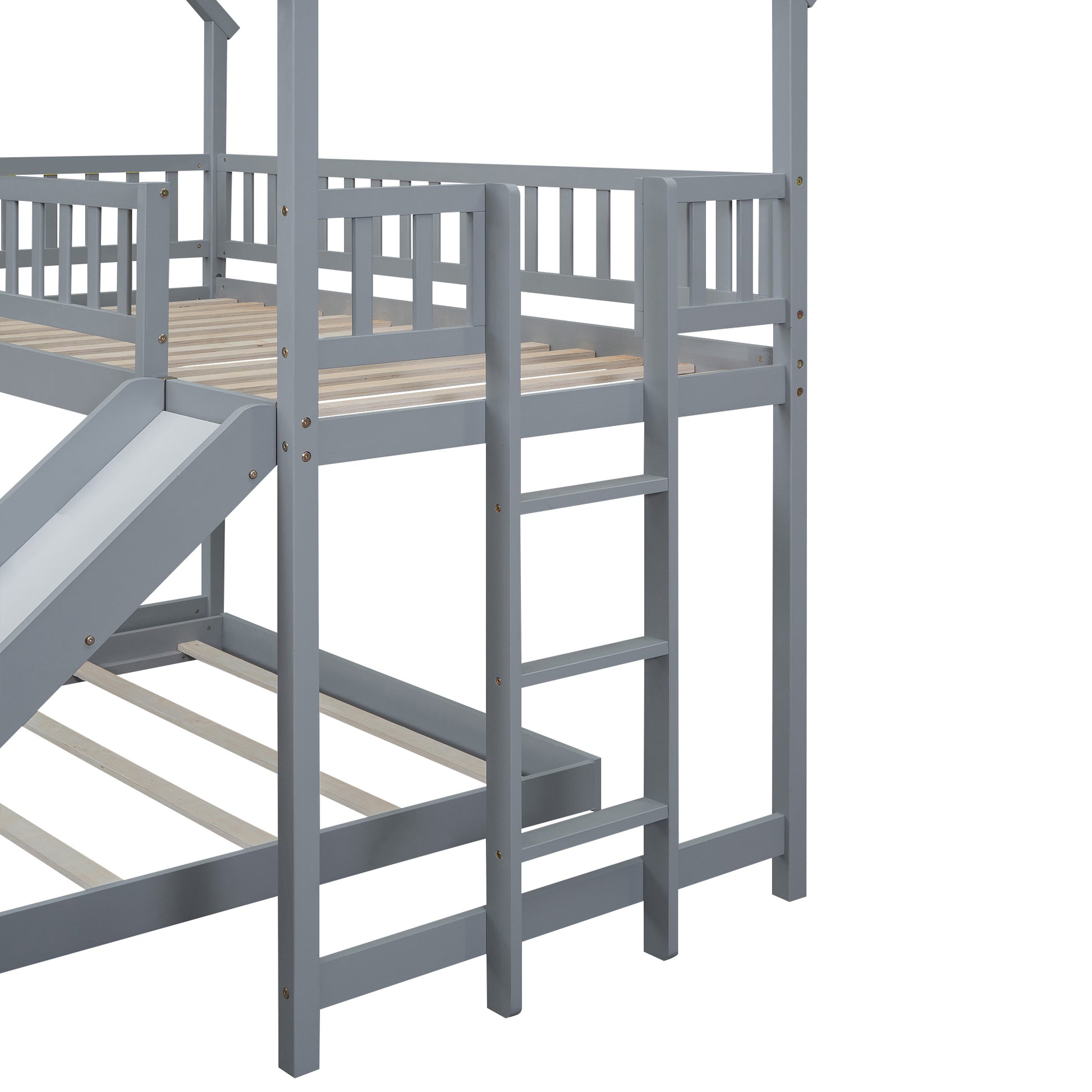 Twin Over Full House Bunk Bed With Slide And Built In Ladder, Full Length Guardrail, Gray Gray Pine
