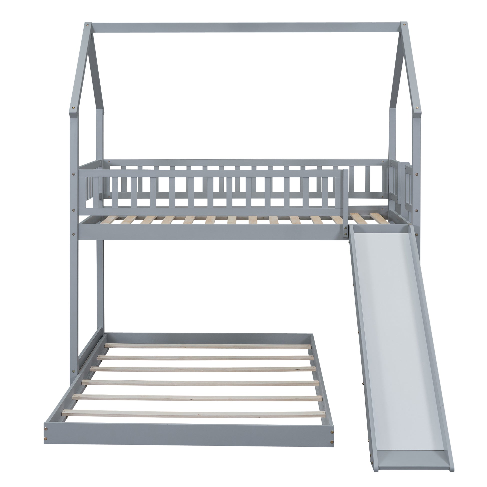 Twin Over Full House Bunk Bed With Slide And Built In Ladder, Full Length Guardrail, Gray Gray Pine