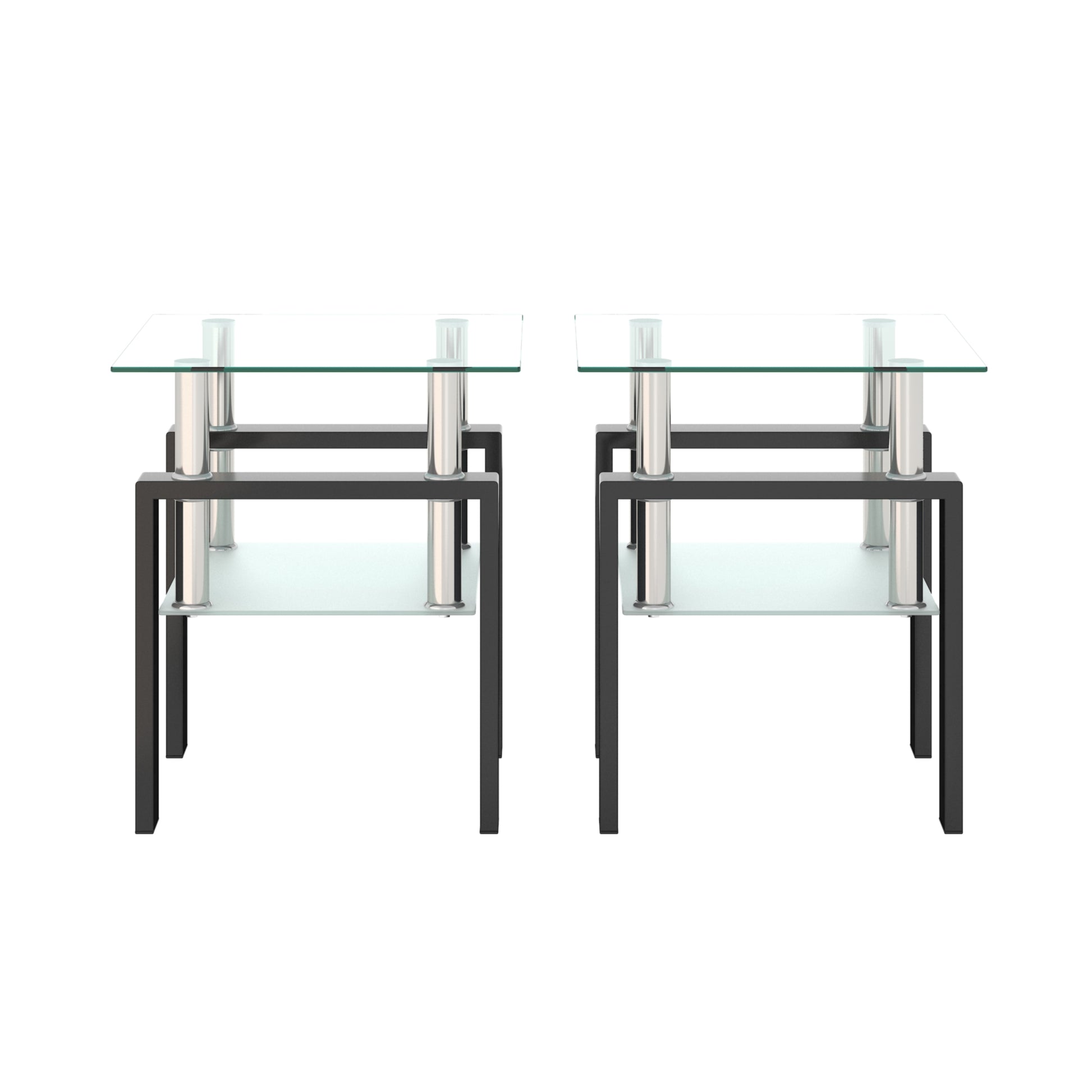 Set Of 2, Modern Tempered Glass Tea Table Coffee Table End Table, Square Table For Living Room, Transparent Black Transparent Tempered Glass