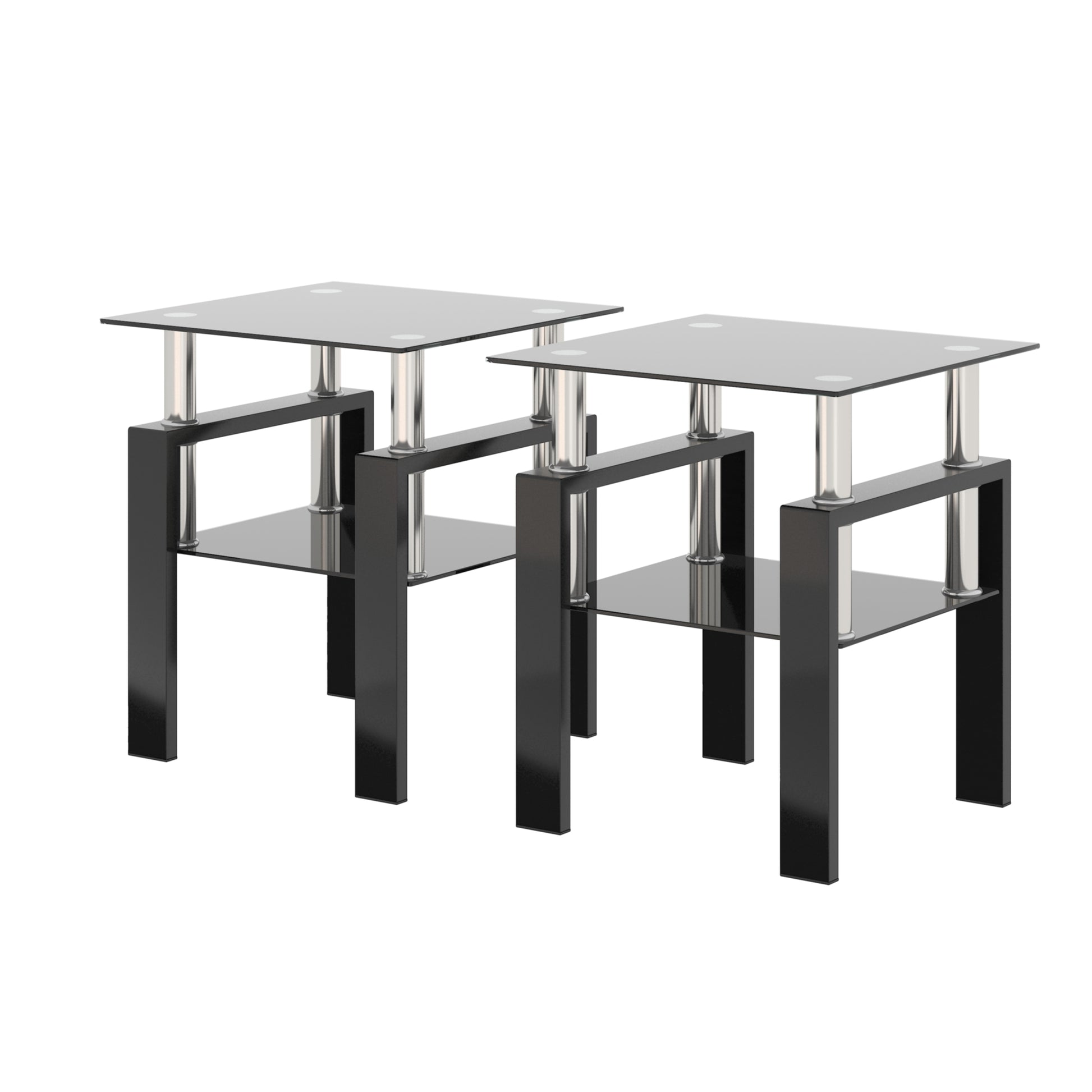 Set Of 2, Modern Tempered Glass Tea Table Coffee Table End Table, Square Table For Living Room, Black Black Tempered Glass