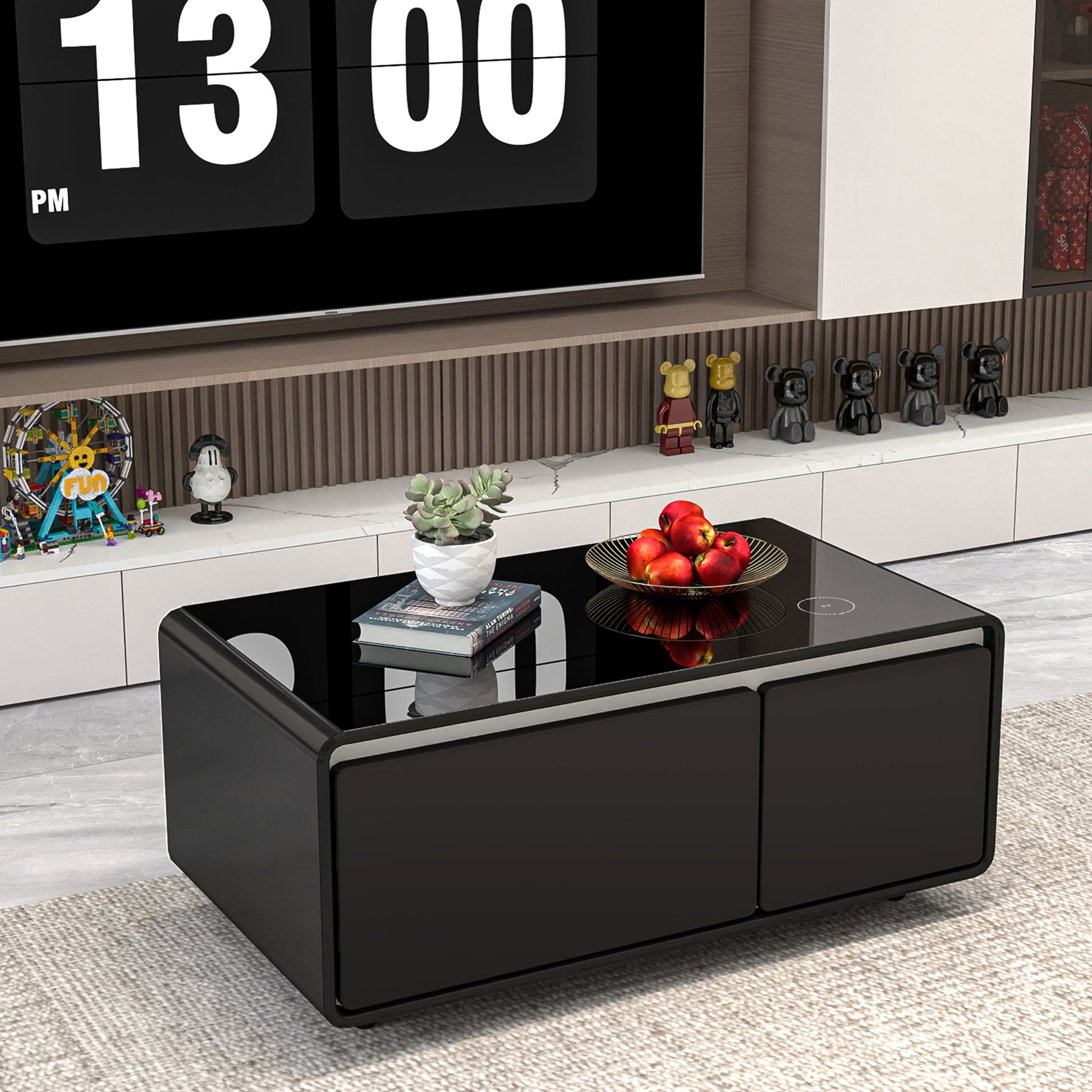 Modern Smart Coffee Table With Built In Fridge, Wireless Charging, Power Socket, Usb Interface, Outlet Protection, Mechanical Temperature Control And Ice Water Interface, Black Black Primary Living Space Luxury,Modern Rectangular Coffee & End Tables Abs