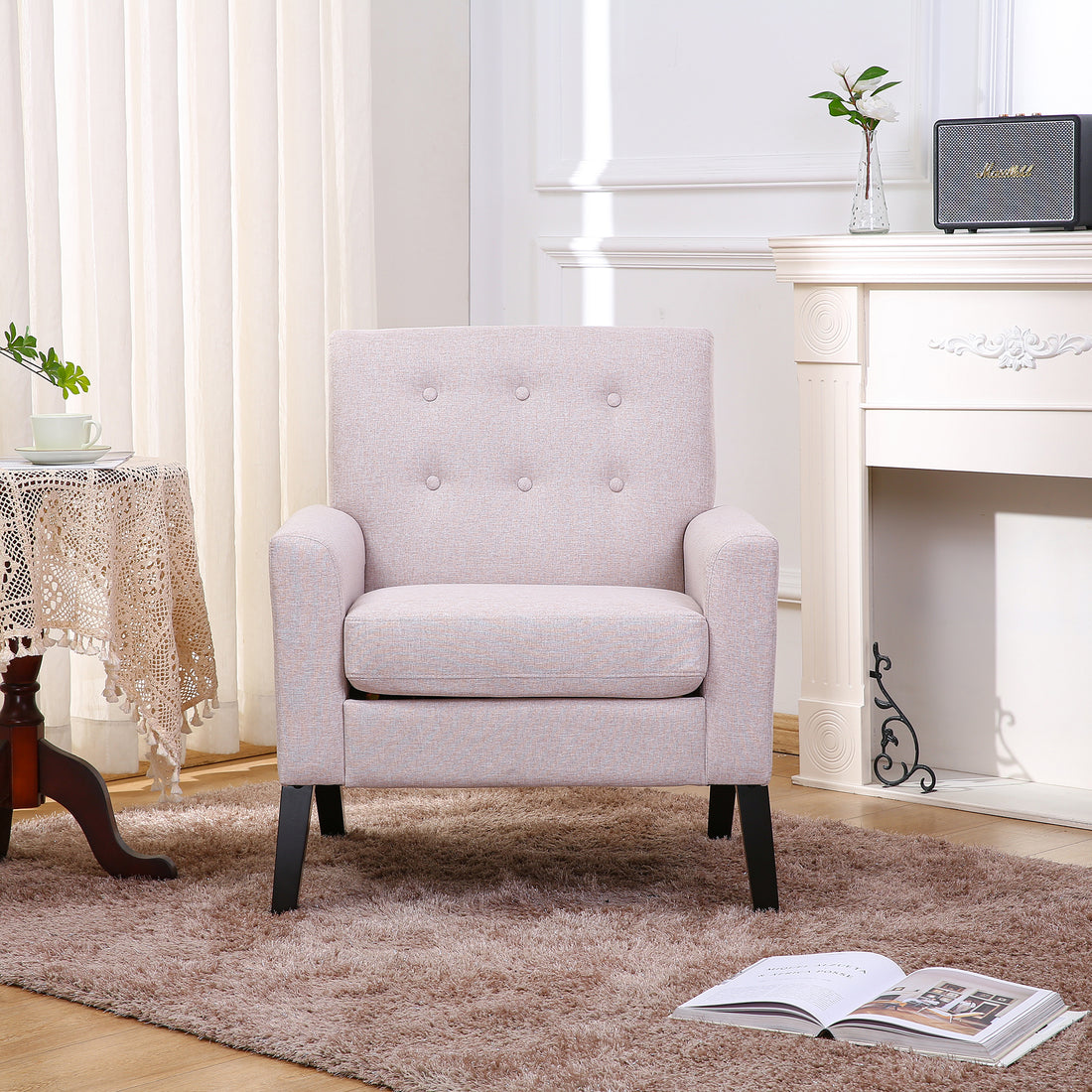 Fabric Accent Chair For Living Room, Bedroom Button Tufted Upholstered Comfy Reading Accent Chairs Sofa Beige Beige Brown Primary Living Space American Design Foam Fabric