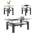 Set Of 2, Modern Tempered Glass Tea Table Coffee Table End Table, Square Table For Living Room, Black Black Tempered Glass