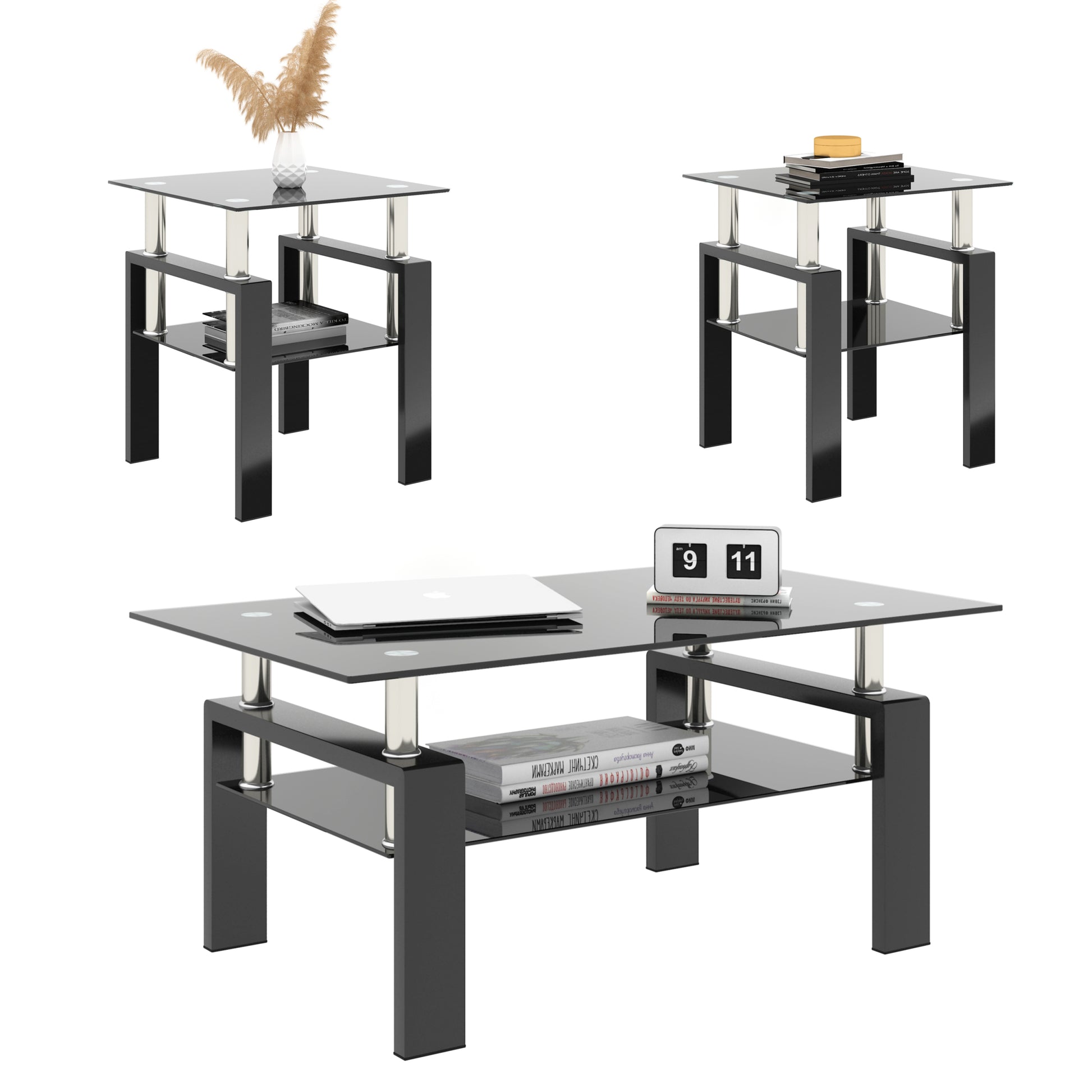 Set Of 2, Modern Tempered Glass Tea Table Coffee Table End Table, Square Table For Living Room, Black Black Tempered Glass
