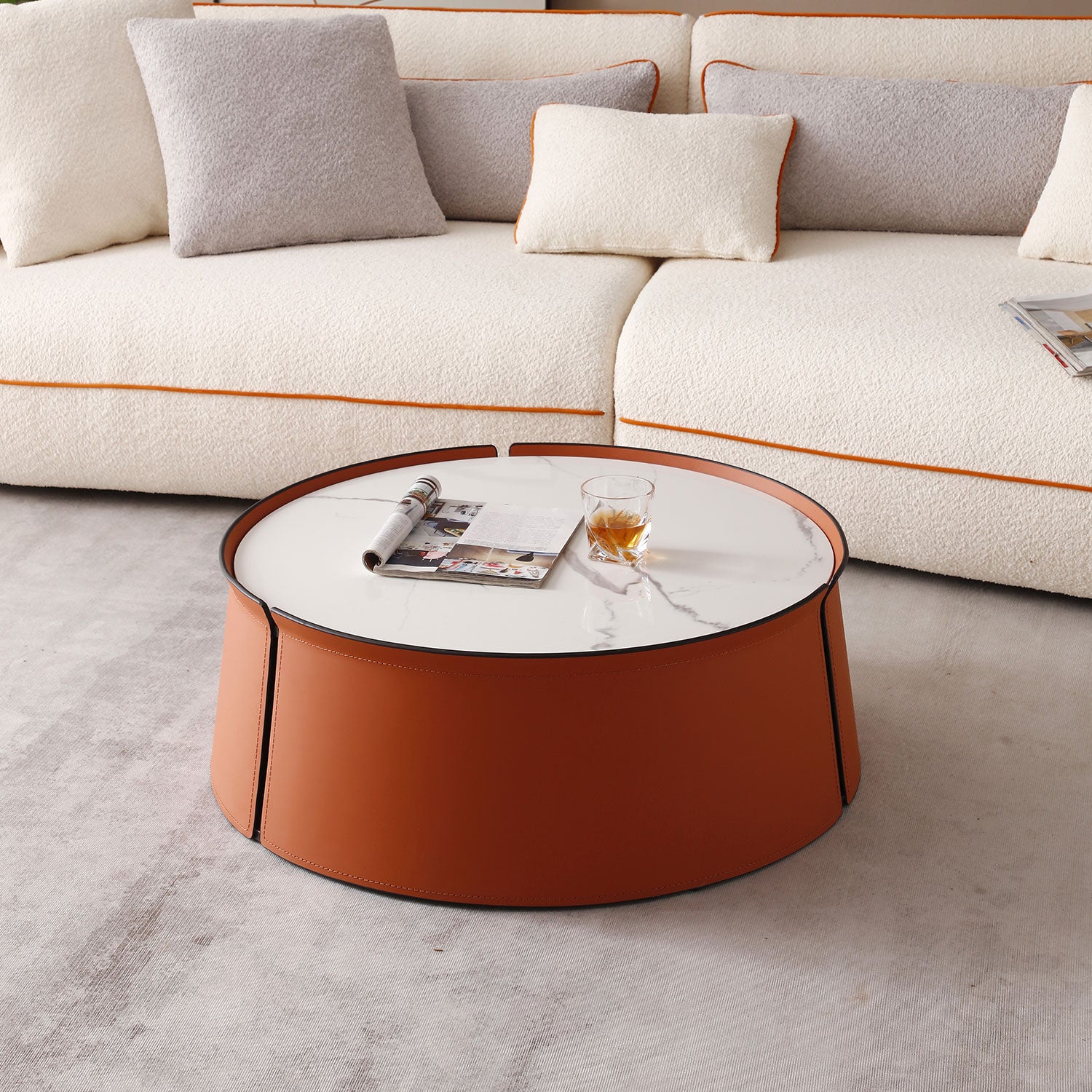 Not Available On 31.5Inch Coffee Table, Marble Top Orange Saddle Leather Body Iron Frame Orange Metal