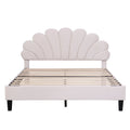 Queen Size Upholstered Platform Bed With Flower Pattern Velvet Headboard, Beige Beige Velvet