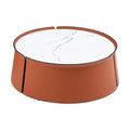Not Available On 31.5Inch Coffee Table, Marble Top Orange Saddle Leather Body Iron Frame Orange Metal