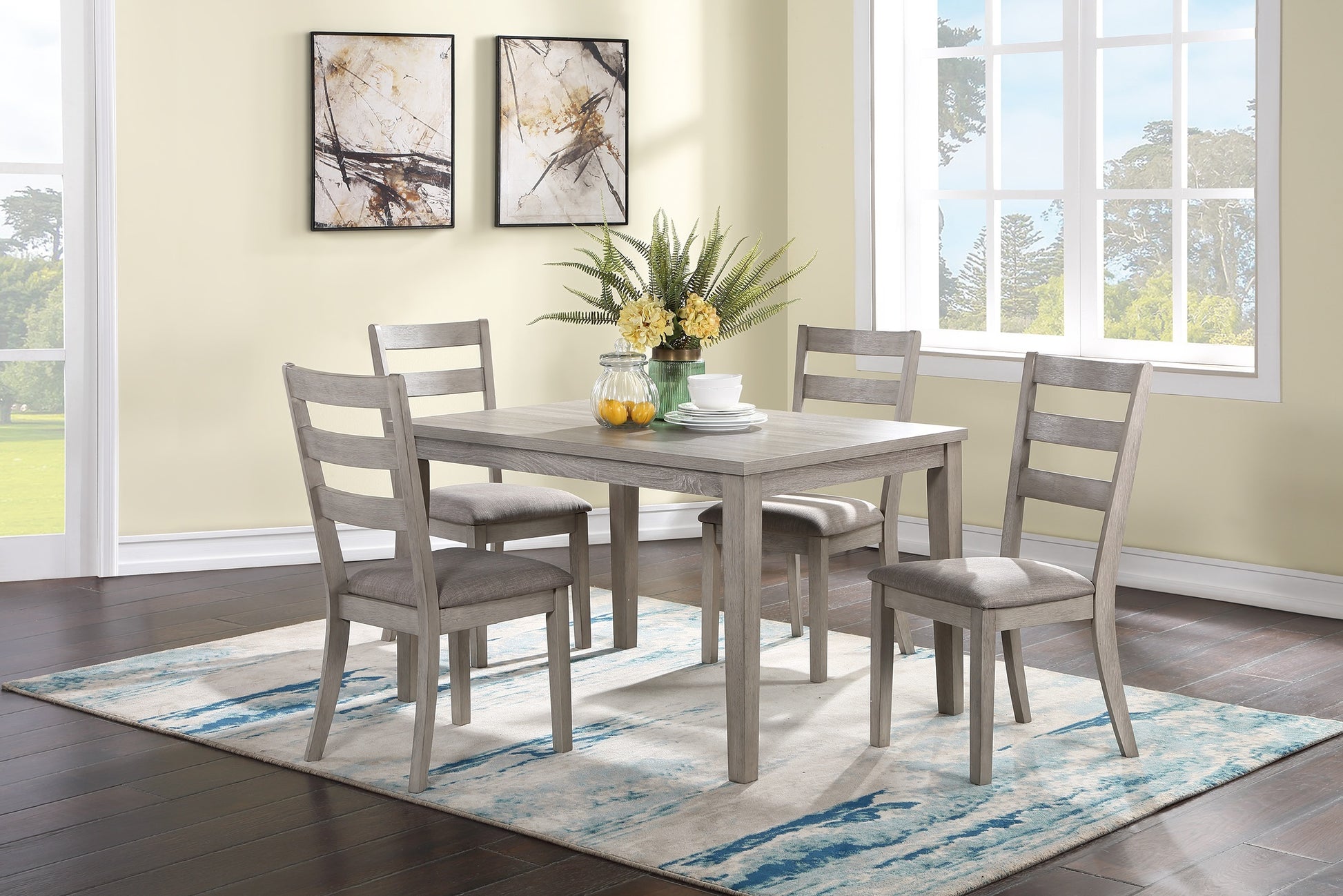 Classic Stylish Natural Finish 5Pc Dining Set Kitchen Dinette Wooden Top Table And Chairs Cushions Seats Ladder Back Chair Dining Room Gray Wood Dining Room Rectangular Dining Table With Chair Upholstered Chair Wood Natural Ladder Back Seats 4 48 Inches