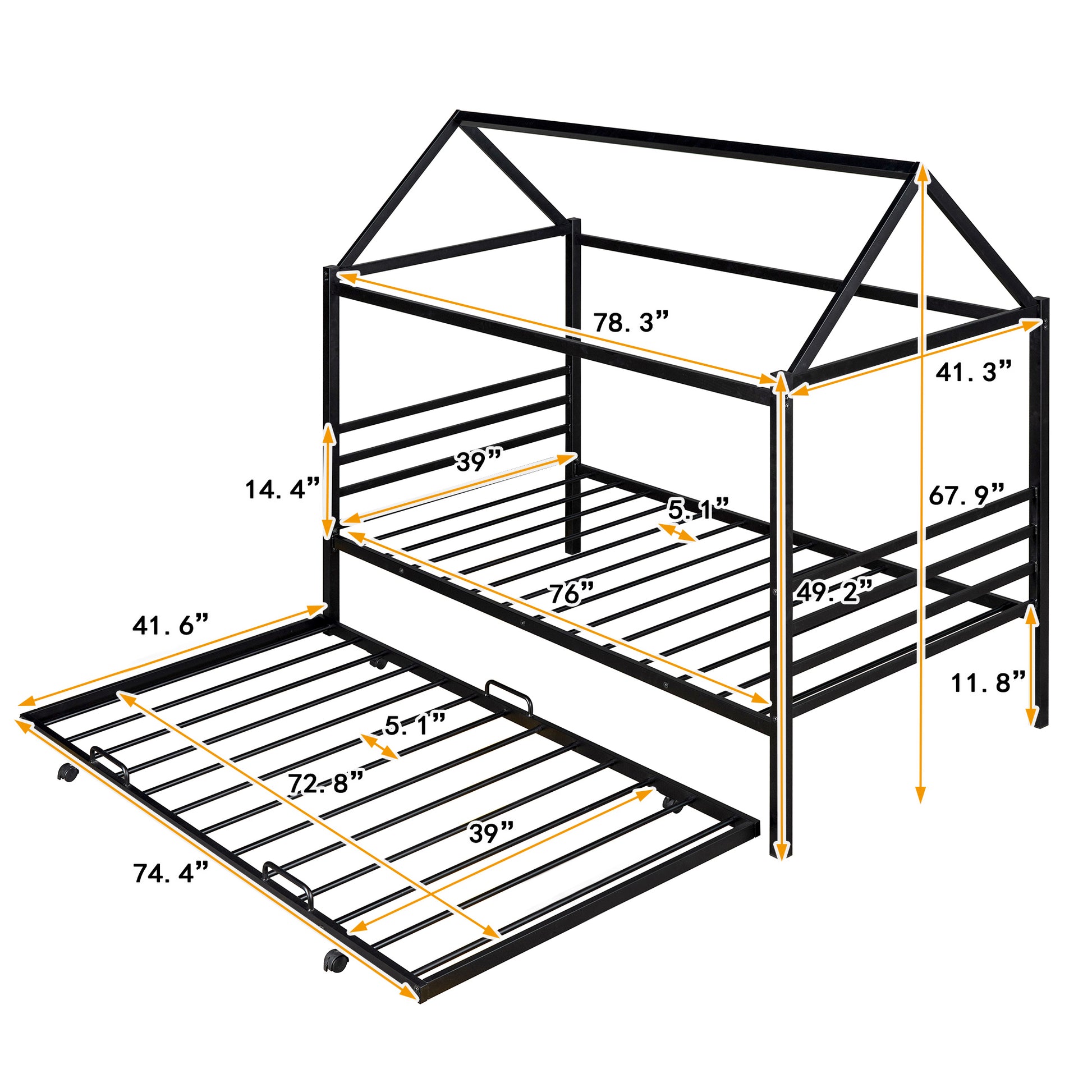 Twin Size Metal House Shape Platform Bed With Trundle,Black Box Spring Not Required Twin Black Metal Bedroom Bed Frame Metal