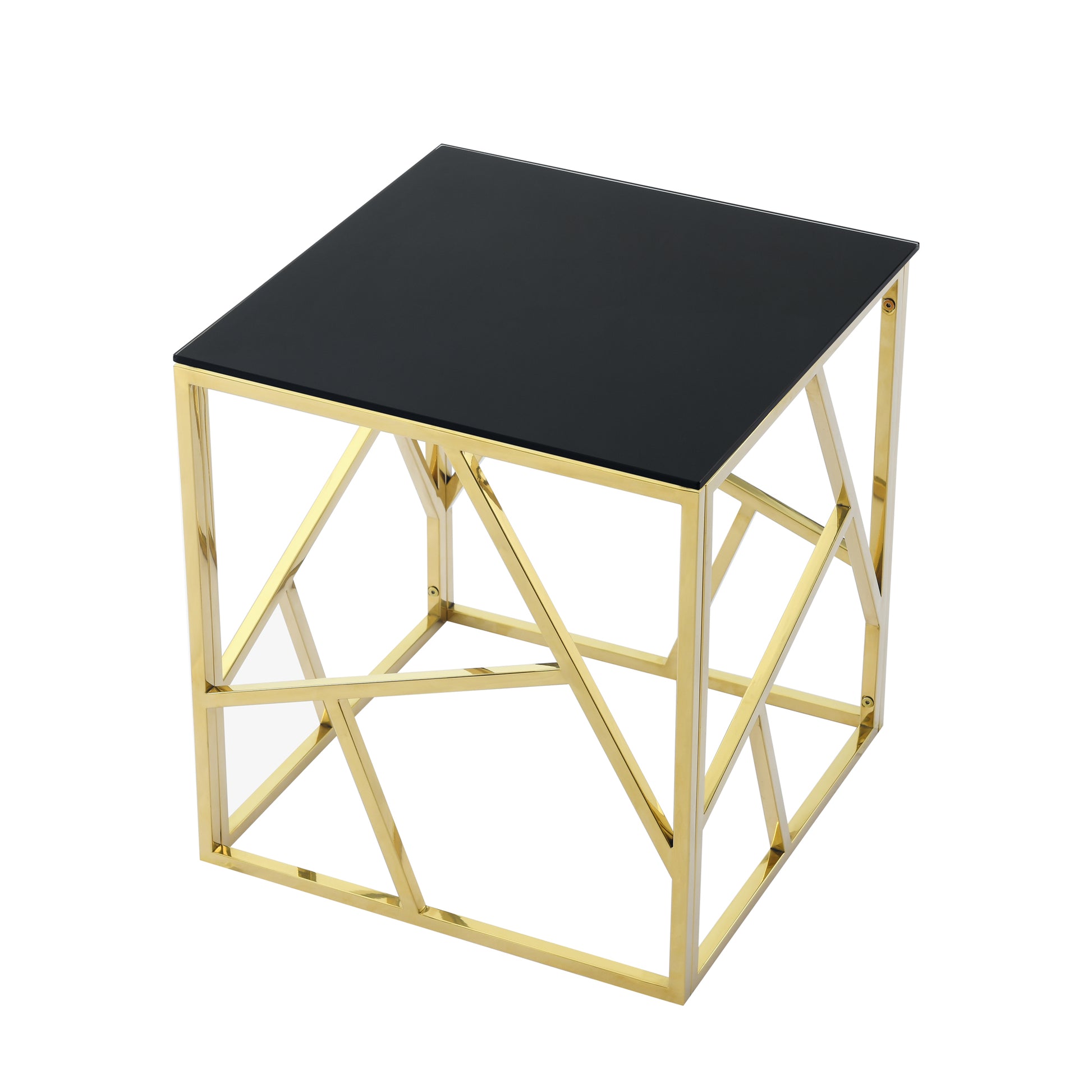 20 Inch Modern Glass End Table With Geometric Metal Frame, Accent Table Nightstand Furniture Corner Table For Living Room,Home Office,Bedroom Gold Polished Golden Stainless Steel