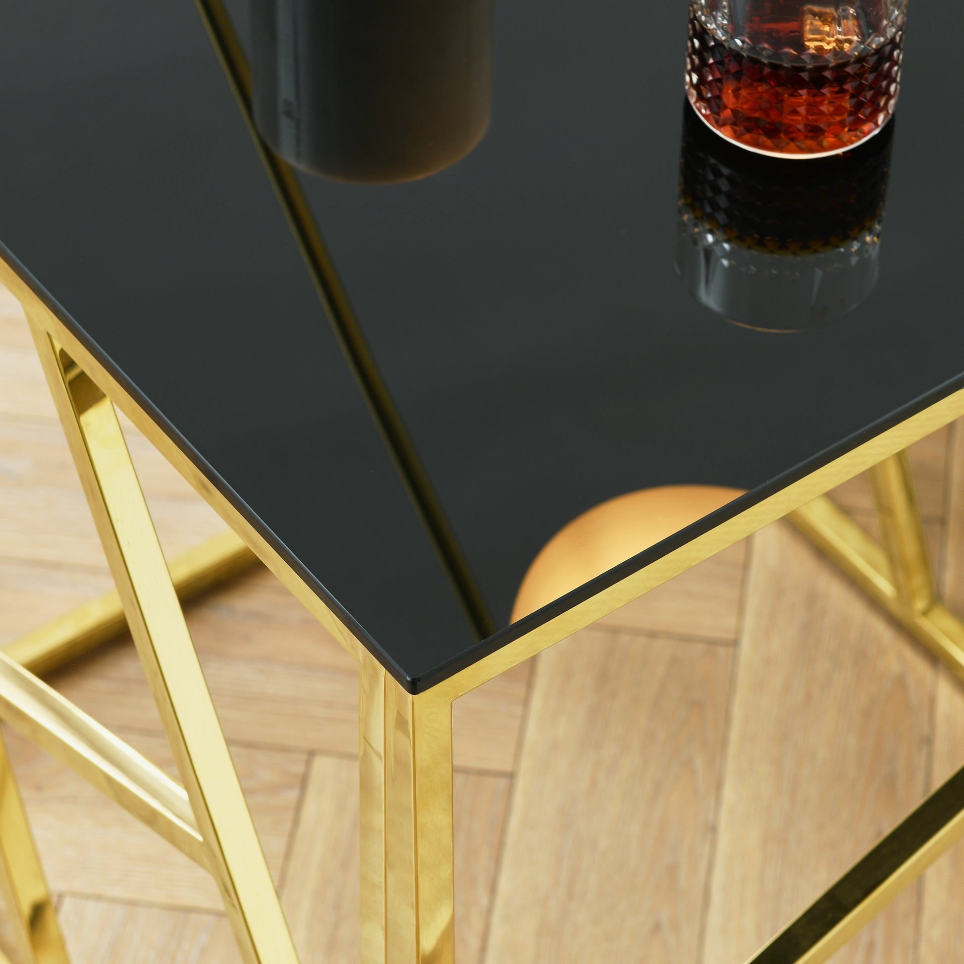 20 Inch Modern Glass End Table With Geometric Metal Frame, Accent Table Nightstand Furniture Corner Table For Living Room,Home Office,Bedroom Gold Polished Golden Stainless Steel