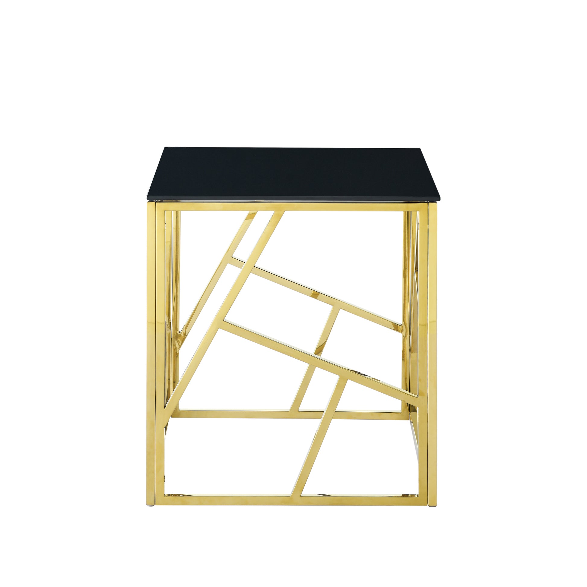 20 Inch Modern Glass End Table With Geometric Metal Frame, Accent Table Nightstand Furniture Corner Table For Living Room,Home Office,Bedroom Gold Polished Golden Stainless Steel
