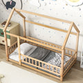 Twin Size Floor Wooden Bed With House Roof Frame, Fence Guardrails, Old Sku:W504105240 Twin Natural Pine
