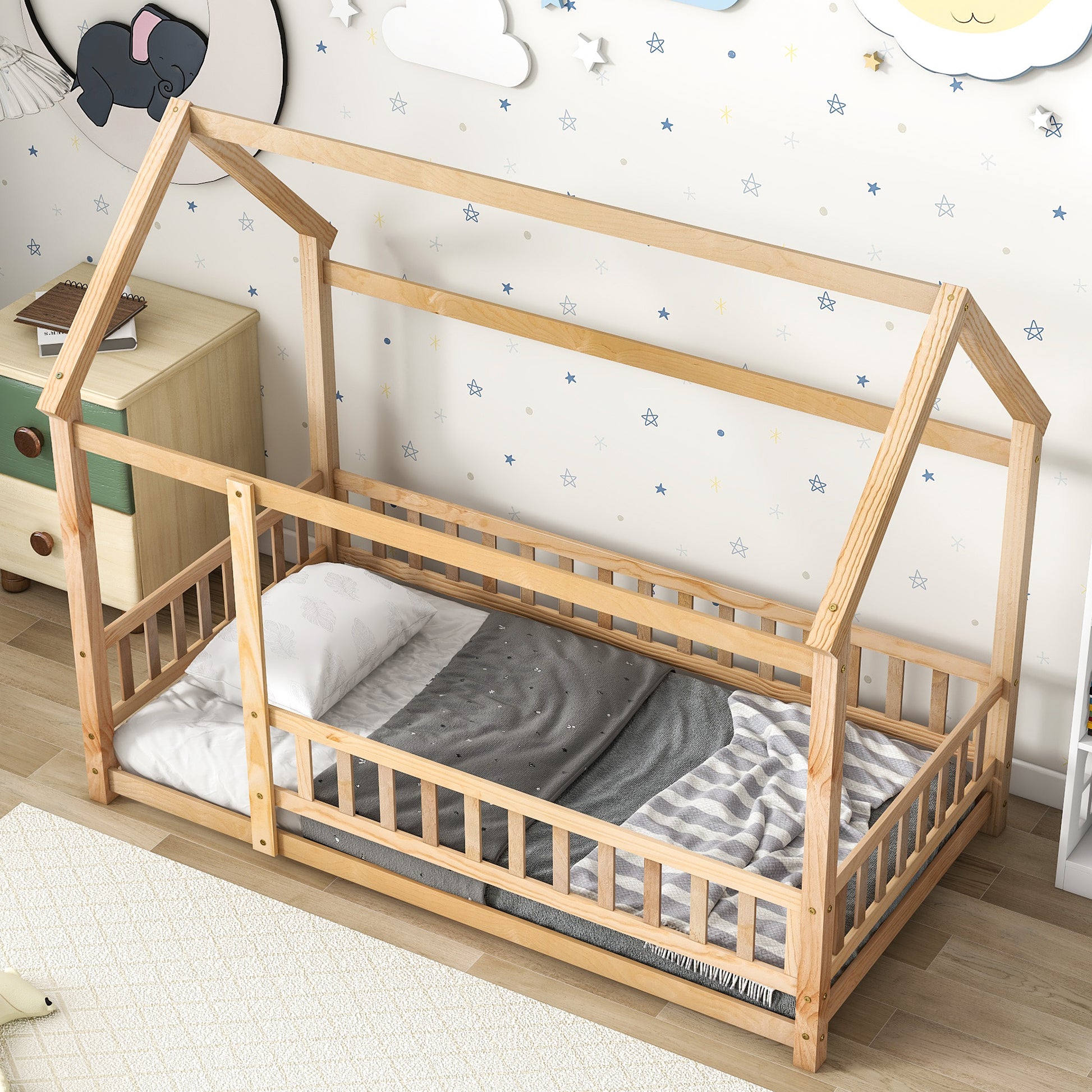 Twin Size Floor Wooden Bed With House Roof Frame, Fence Guardrails, Old Sku:W504105240 Twin Natural Pine