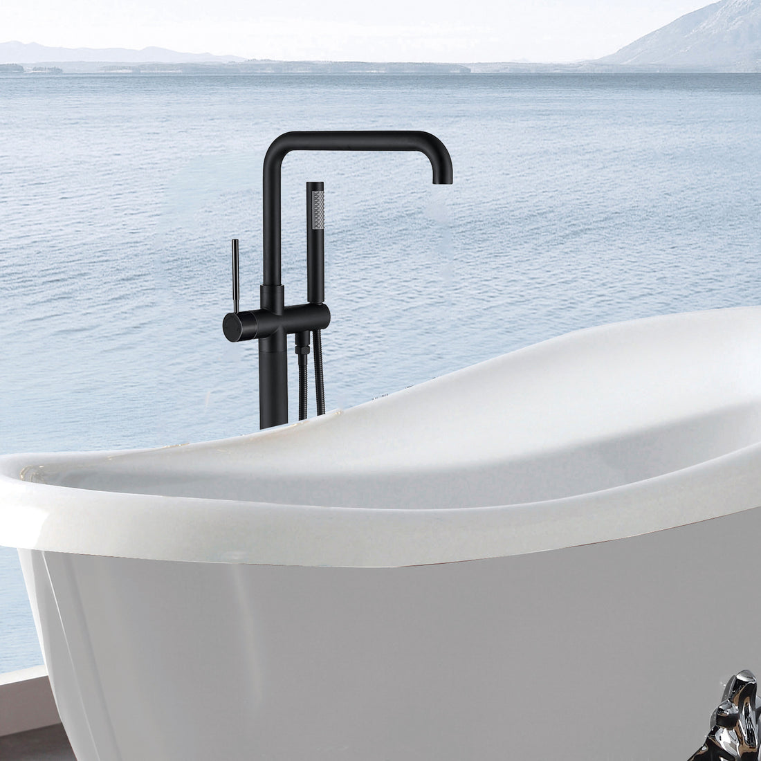 Freestanding Bathtub Faucet With Hand Shower One Matt Black Floor Mounted Bathroom Lever Handles 2 Hole Faucets Metal Manual