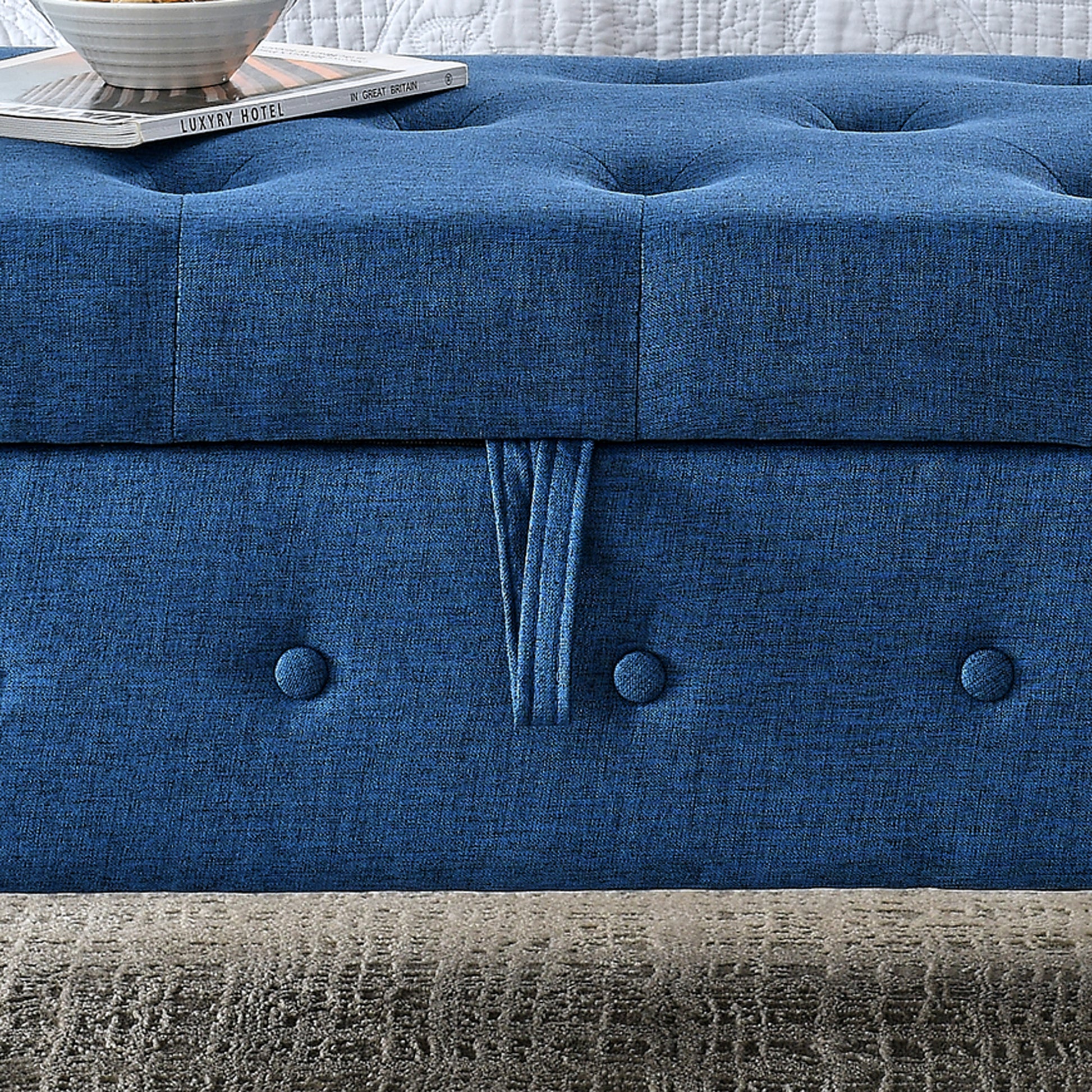 62" Bedroom Tufted Button Storage Bench, Modern Fabric Upholstered Ottoman, Window Bench, Rolled Arm Design For Bedroom, Living Room, Foyer Blue Blue Light Brown Primary Living Space American Design,Luxury Eucalyptus Foam Fabric