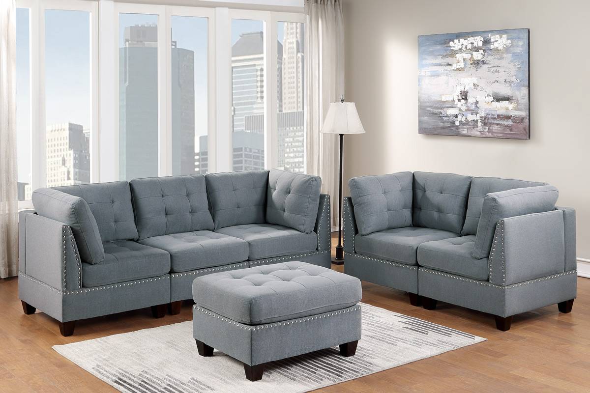 Living Room Furniture Tufted Ottoman Grey Linen Like Fabric 1Pc Ottoman Cushion Nail Heads Wooden Legs Grey Linen Primary Living Space Grey Contemporary,Modern Tufted Fabric