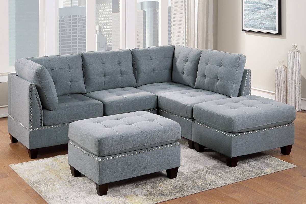 Living Room Furniture Tufted Ottoman Grey Linen Like Fabric 1Pc Ottoman Cushion Nail Heads Wooden Legs Grey Linen Primary Living Space Grey Contemporary,Modern Tufted Fabric
