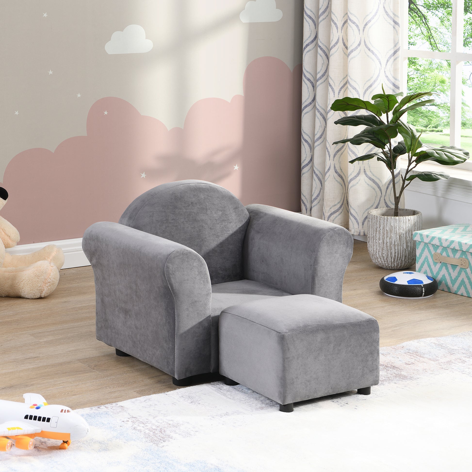 Kids Chair, Kids Upholstered Couch With Ottoman Dark Gray Velvet