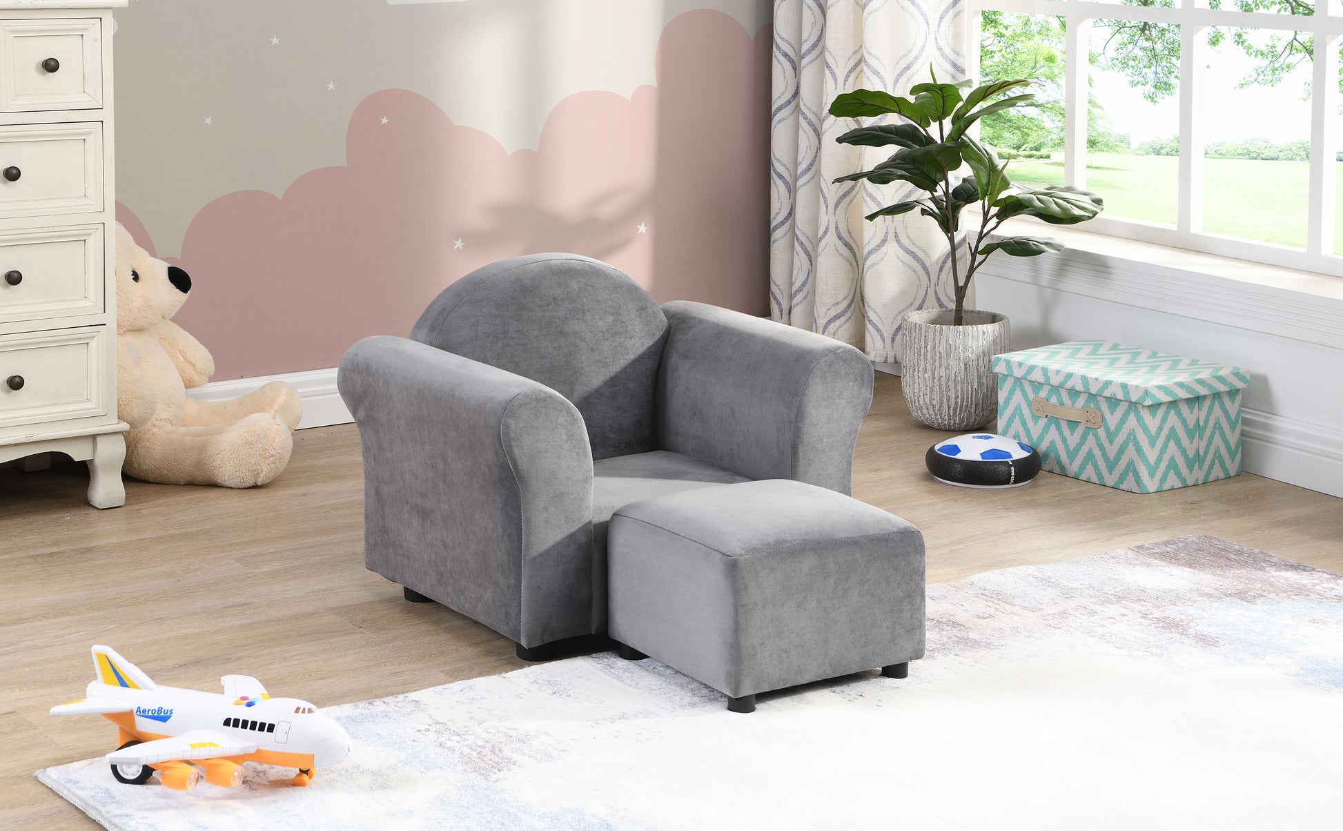 Kids Chair, Kids Upholstered Couch With Ottoman Dark Gray Velvet