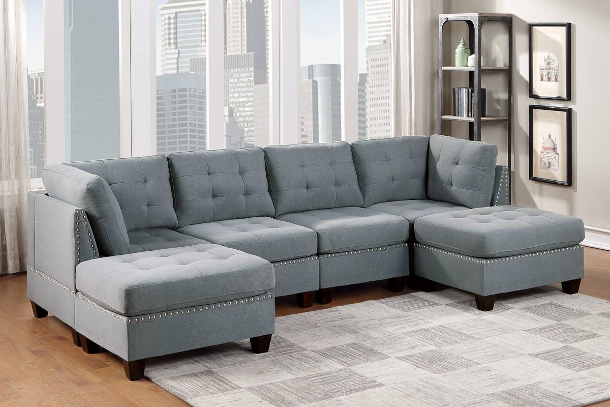 Living Room Furniture Tufted Ottoman Grey Linen Like Fabric 1Pc Ottoman Cushion Nail Heads Wooden Legs Grey Linen Primary Living Space Grey Contemporary,Modern Tufted Fabric