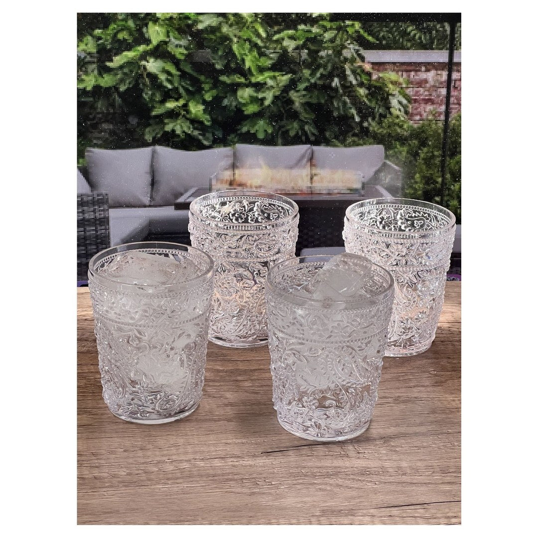 Paisley Acrylic Glasses Drinking Set Of 4 Dof 13Oz , Plastic Drinking Glasses, Bpa Free Cocktail Glasses, Drinkware Set, Drinking Water Glasses Clear Acrylic
