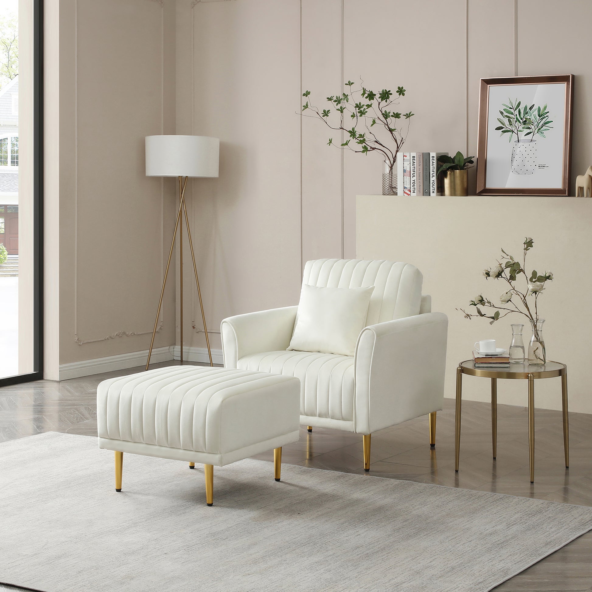Contemporary Velvet Upholstered Accent Chair And Ottoman Set With Deep Channel Tufting,Cream Cream Foam Velvet